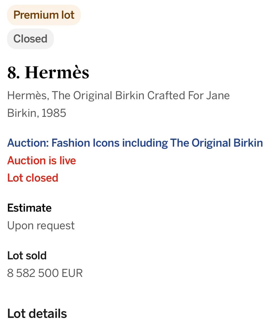 ИСТОРИЧЕСКИЙ МОМЕНТ: Сумка Birkin продана на аукционе за 8